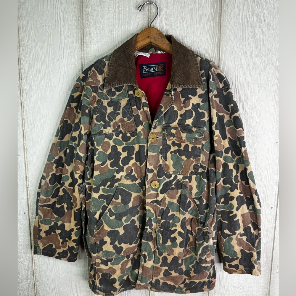 Vintage 70s SEARS Sports Center Canvas Duck Camo Hunting Jacket Size Small